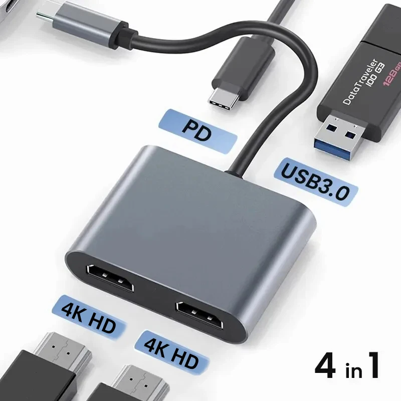 USB C to Dual 4K HD Display Adapter Thunderbolt3 Docking Station Hub Two Monitors for Windows10/11 Laptop Mirror and Extend Mode