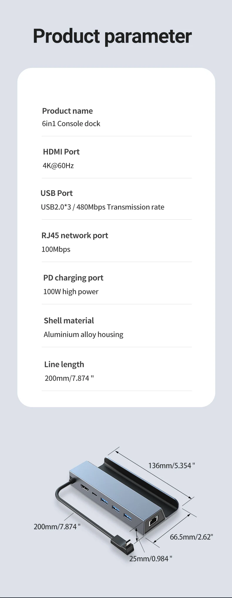 4K HD Type C Docking Station with HDMI, PD ,RJ45 ,USB2.0 Interface For Nintendo Switch/OLED Steam Deck Macbook Samsung and More