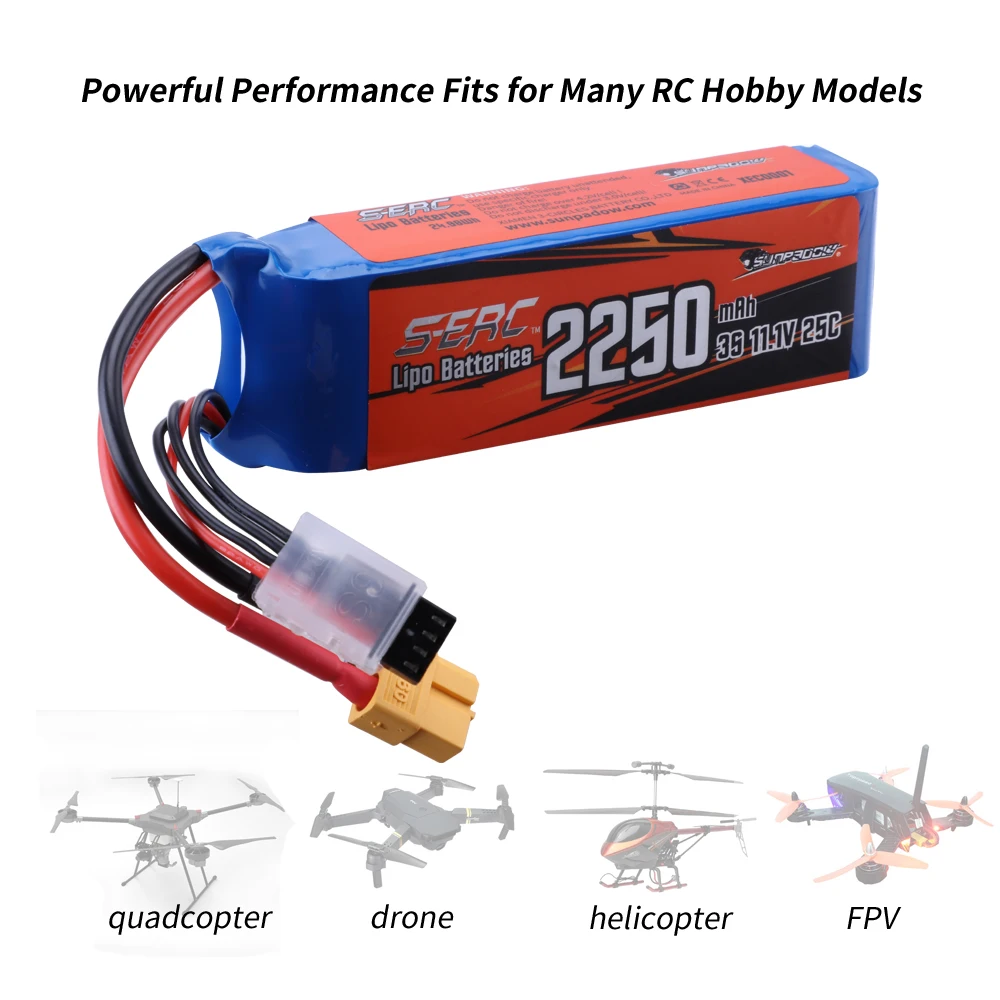 SUNPADOW 3S Lipo Battery 11.1V 25C 40C 60C 2250mAh with XT60 Plug for RC Airplane Aircraft Quadcopter Helicopter Drone FPV Model