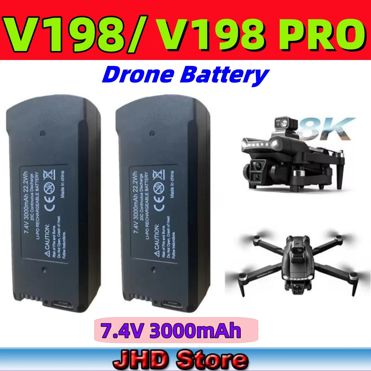 JHD Original 7.4V 3000mAh V198 MAX PRO Drone Battery V198 8K GPS RC Quadcopter V198PRO Spare Battery Drone Parts