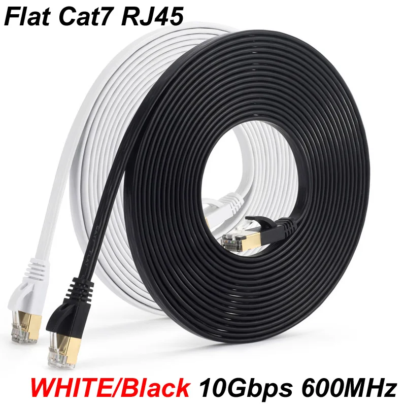 White/Black Cat7 Cat 7 Flat Cable Ethernet RJ45 LAN Network Cable Patch Cord 10Gbps 600MHz For Router Modem 3m 5m 10m 15m 25m