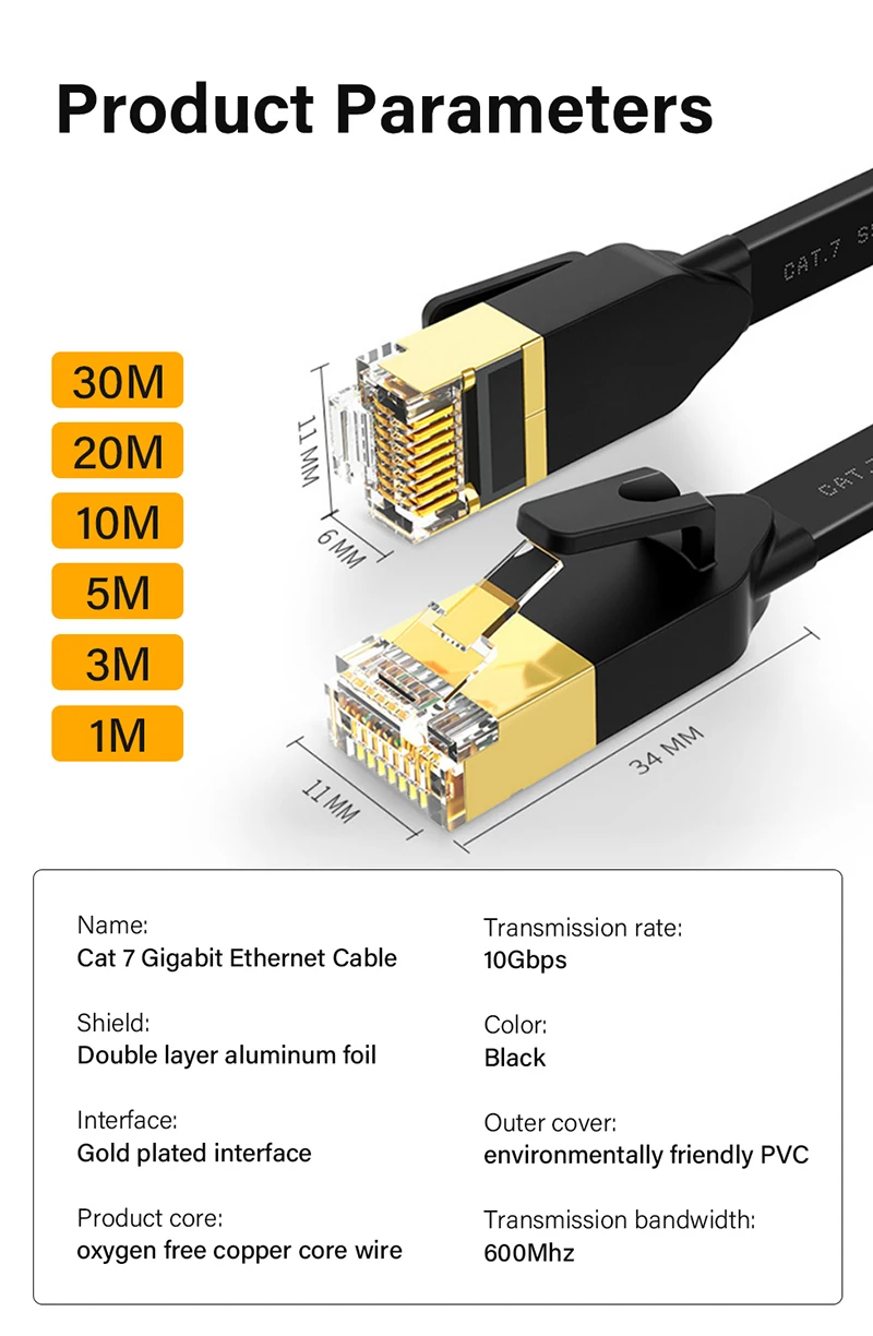 High Speed 10 Gigabit Ethernet Cable Cat 6/7 RJ45 Flat Network Wire STP Twisted Pair Patch Cord For Computer Laptop Router Modem