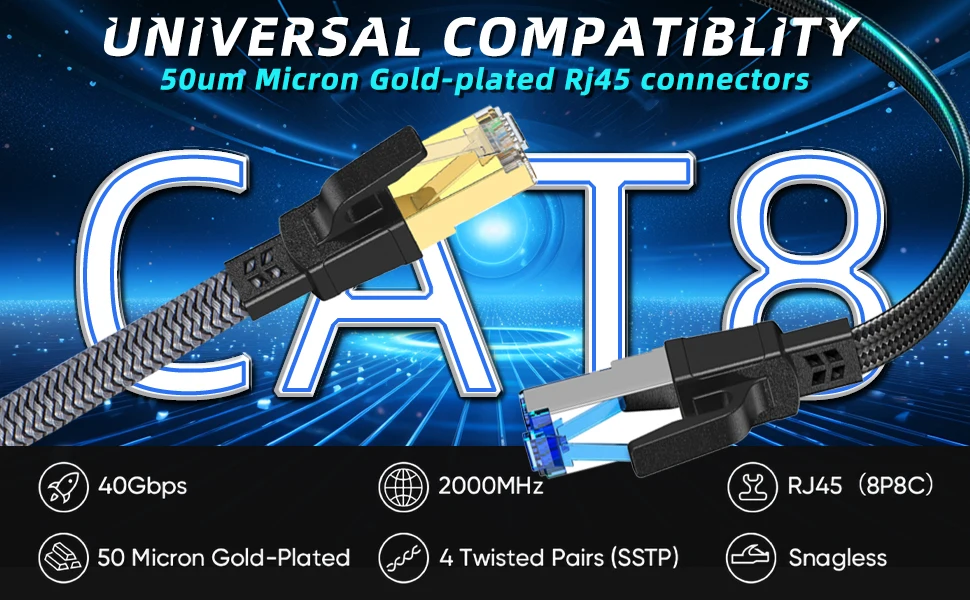 D-Sunty Ethernet Cable CAT8 40Gbps Nylon Braided Network Lan Cord for PC Modem Laptop PS 5 Router RJ45 Flat Cable Ethernet Cat 8