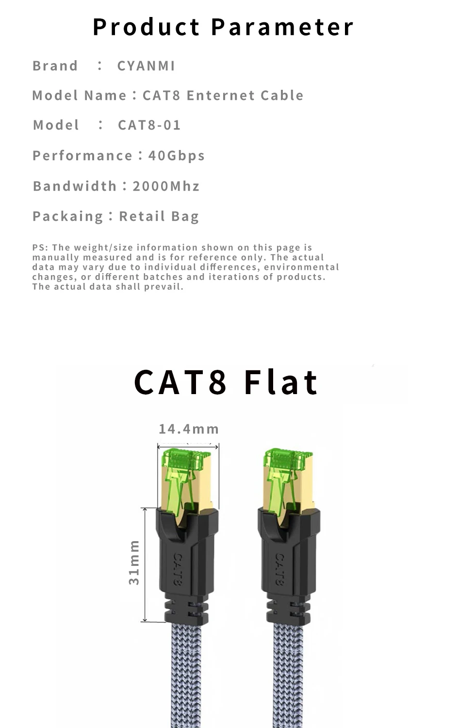 CYANMI Ethernet Cable CAT8 40Gbps CAT6 Ethernet Cable Network Lan for PC Modem Laptop PS 5 Router RJ45 Flat Cat 8 Ethernet Cable