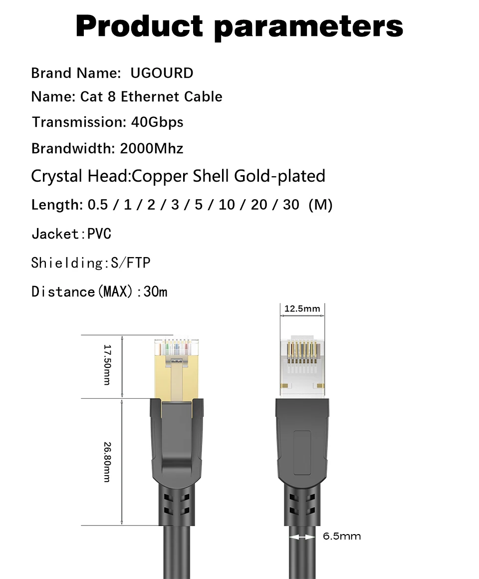 Cat8 Ethernet Cable 2000Mhz CAT 8 40Gbps Network Patch Cable 10m SFTP RJ45 Internet Lan Cord For Modem Switch Router PS5 PS4