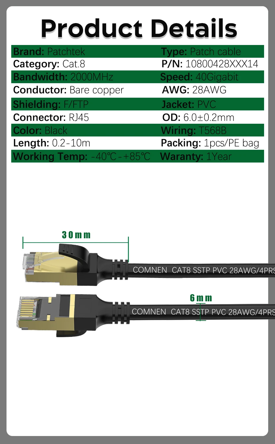 Patchtek Cat8 Gaming High Speed Ethernet Cable 40Gbps 2000MHz Internet Network Cable Ethernet Cat 8 0.2m 20m Rj45 20metros 20 m