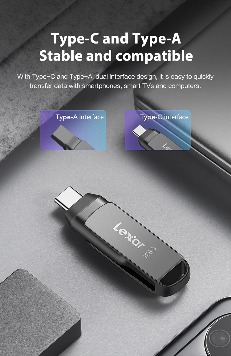 Lexar USB3.1 Type-C USB Flash Drive for Phone and Computer Original D400 Pen Drive 256gb 128gb 64gb 32gb Up to 130Mb/s Pendrive