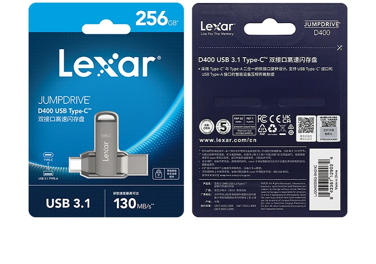 Lexar USB3.1 Type-C USB Flash Drive for Phone and Computer Original D400 Pen Drive 256gb 128gb 64gb 32gb Up to 130Mb/s Pendrive