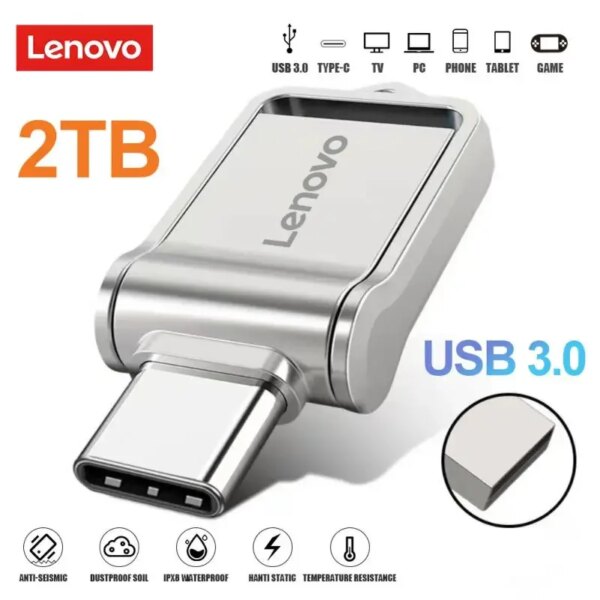 Lenovo USB 3.0 Flash Drive Type C 2-in-1 Pendrive 128GB 2TB 1TB Waterproof Pendrive Fits Iphone 16 Pro Max, Huawei P70