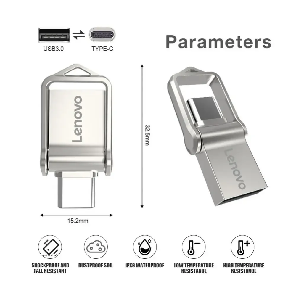 Lenovo USB 3.0 Flash Drive Type C 2-in-1 Pendrive 128GB 2TB 1TB Waterproof Pendrive Fits Iphone 16 Pro Max, Huawei P70