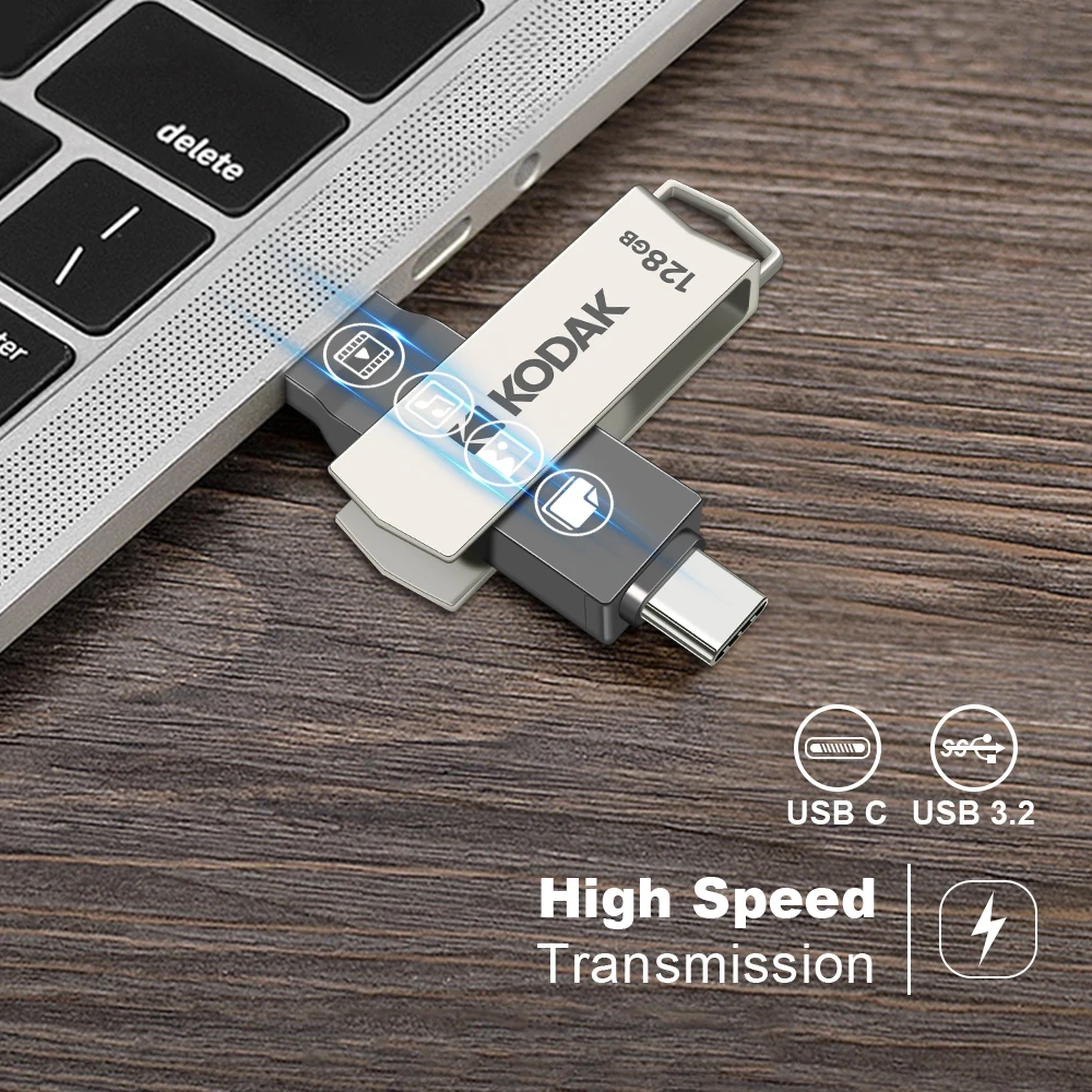 100% Original KODAK USB3.2 Pendrive K273 Metal USB Flash Drive USB3.2 Gen1 Type C OTG Pen Drive High Speed 128GB for Car Laptop