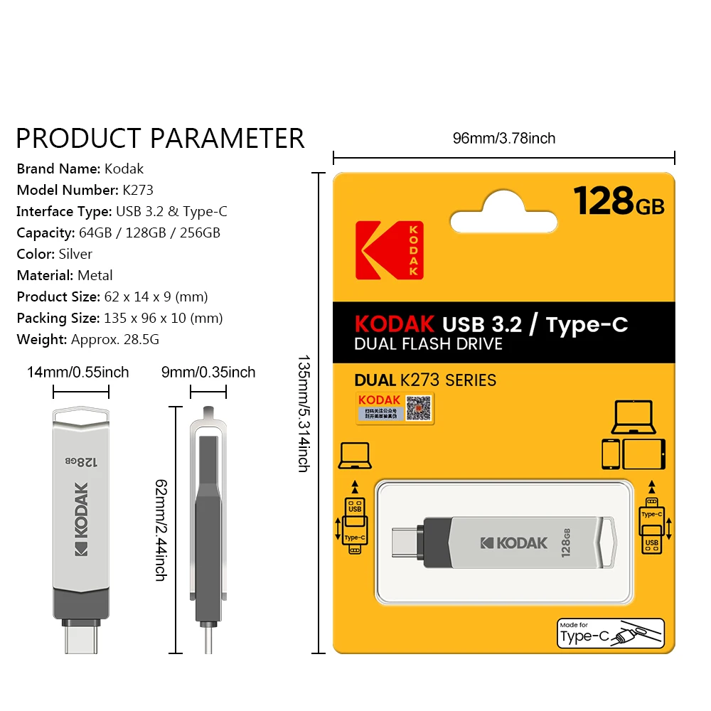 100% Original KODAK USB3.2 Pendrive K273 Metal USB Flash Drive USB3.2 Gen1 Type C OTG Pen Drive High Speed 128GB for Car Laptop