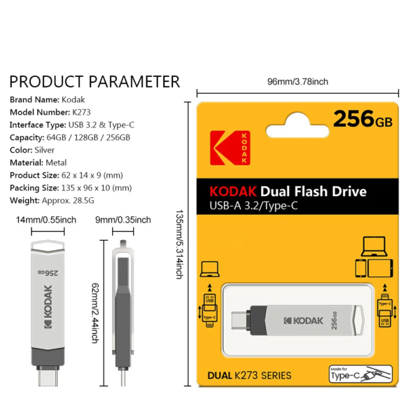 Kodak k273 high-speed USB flash drive 3.2 interface Type-C mobile phone computer dual-use 32G-256G storage USB flash drive 128G - Image 6