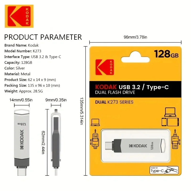 Kodak k273 high-speed USB flash drive 3.2 interface Type-C mobile phone computer dual-use 32G-256G storage USB flash drive 128G