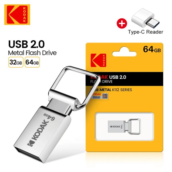 New KODAK K112 Super Mini Metal USB Flash Drive 32GB 64GB pendrive Memory stick pen drive Car Key with type c Adapter