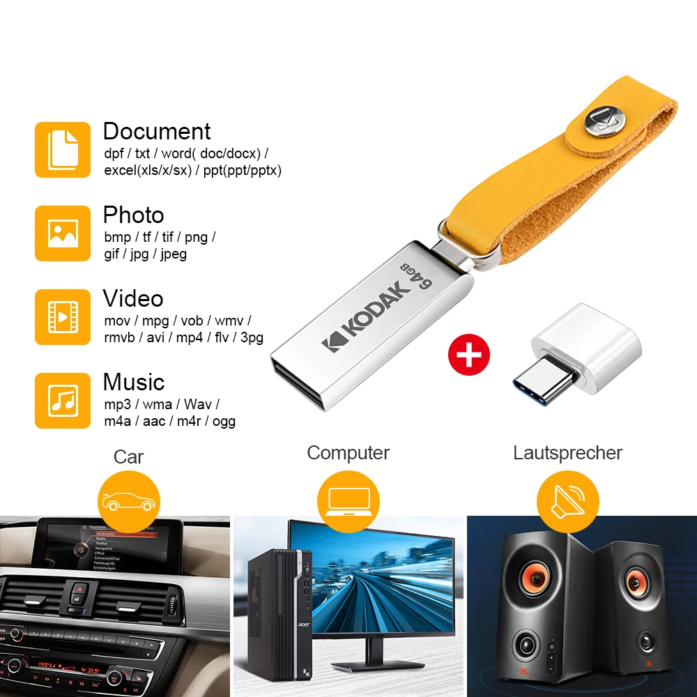 KODAK K122 Metal USB Flash Drive 32GB Memory stick pen drive USB2.0 pendrive Disk U Disk memoria Type-C adapter