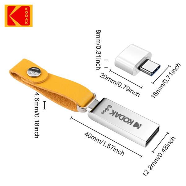 KODAK USB Flash Drives Mini Pen Drive 128GB 64GB 32GB Pendrive Waterproof USB Memory Stick Leather Landyard + type C adapter - Image 6