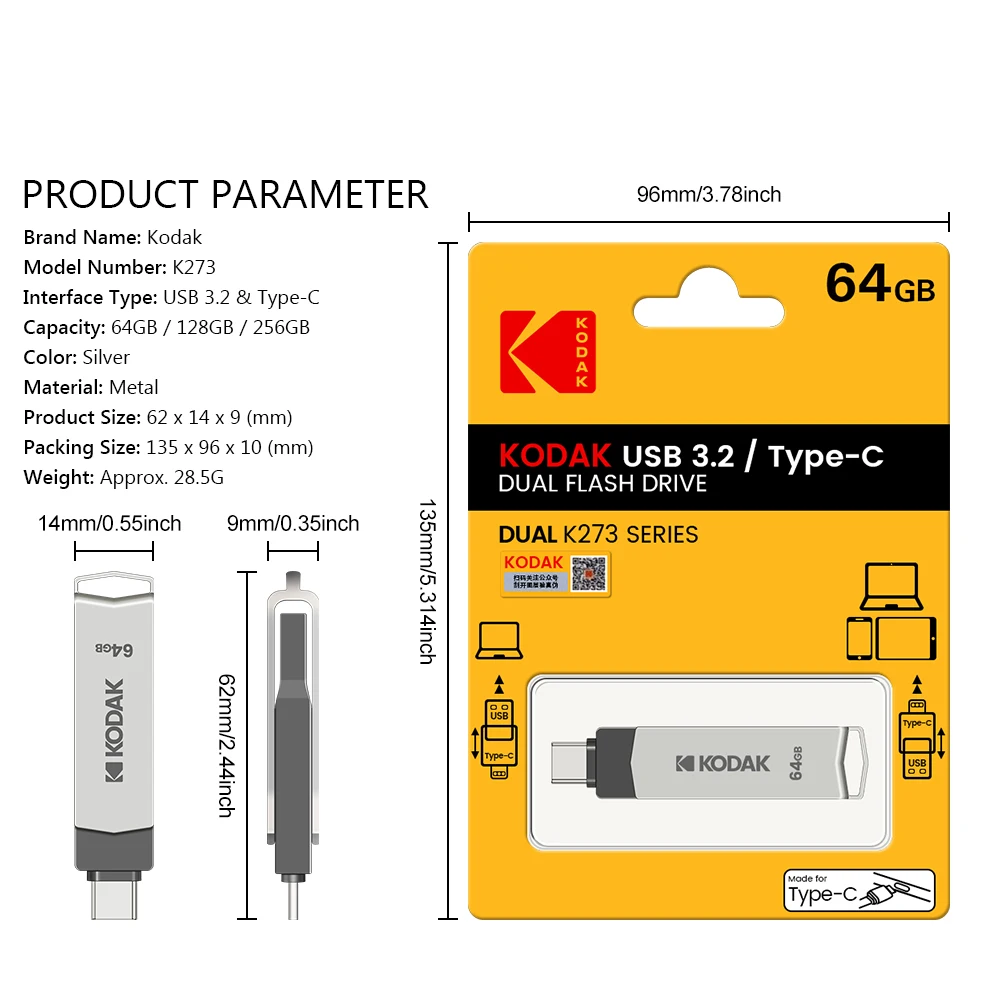 Kodak 2in1 Metal USB Flash Drives 128GB USB3.2 Pendrive Type-C USB 3.2 High Speed Dual Memory stick 128GB Pen Drive For Phone