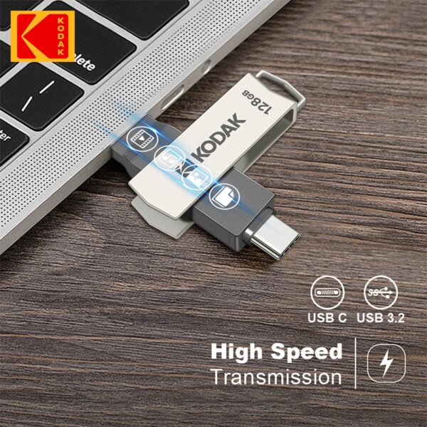 Kodak 2in1 Metal USB Flash Drives 128GB USB3.2 Pendrive Type-C USB 3.2 High Speed Dual Memory stick 128GB Pen Drive For Phone - Image 4