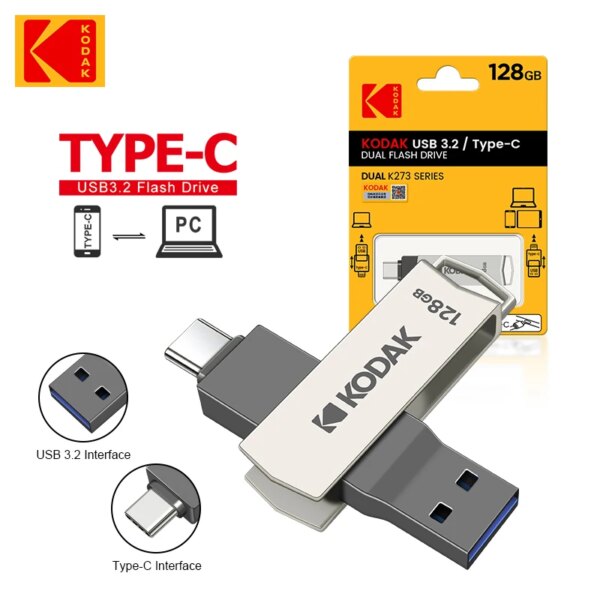 Kodak 2in1 Metal USB Flash Drives 128GB USB3.2 Pendrive Type-C USB 3.2 High Speed Dual Memory stick 128GB Pen Drive For Phone - Image 3