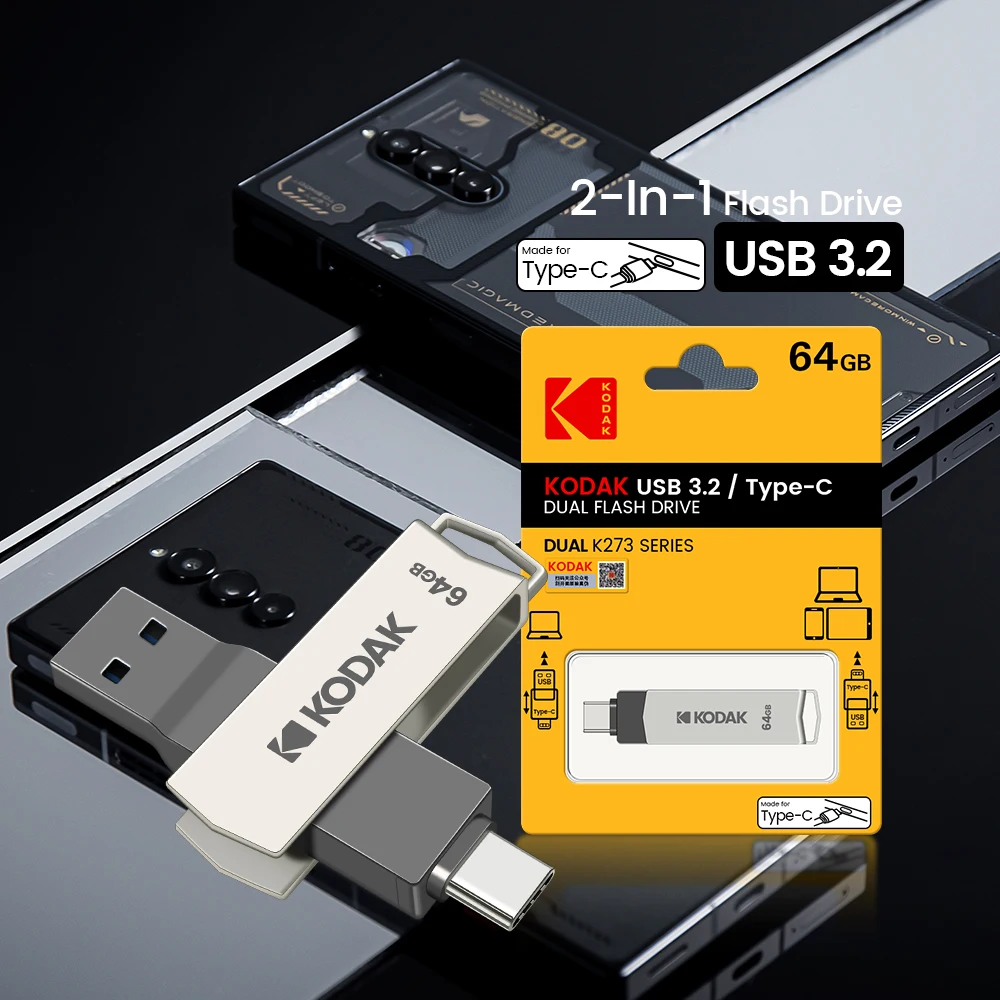 Kodak 2in1 Metal USB Flash Drives 128GB USB3.2 Pendrive Type-C USB 3.2 High Speed Dual Memory stick 128GB Pen Drive For Phone