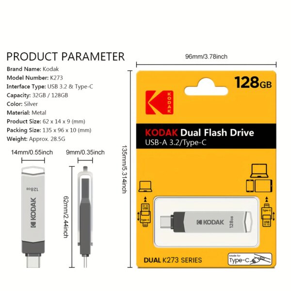 Kodak k273 high-speed USB flash drive 3.2 interface Type-C mobile phone computer dual-use 32G,64GB,128Gstorage USB flash drive - Image 5