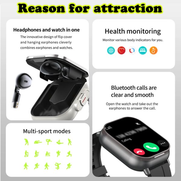 2024 Smart Watch 2 in 1 With Earphone Smartwatch Bluetooth Call Men Watch GPS Track Heart Rate Monitor Play Music SmartWatch - Image 3