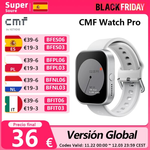 Global Version CMF by Nothing Watch Pro 1.96" AMOLED Bluetooth 5.3 BT Calls with AI Noise Reduction GPS Smartwatch CMF watch Pro