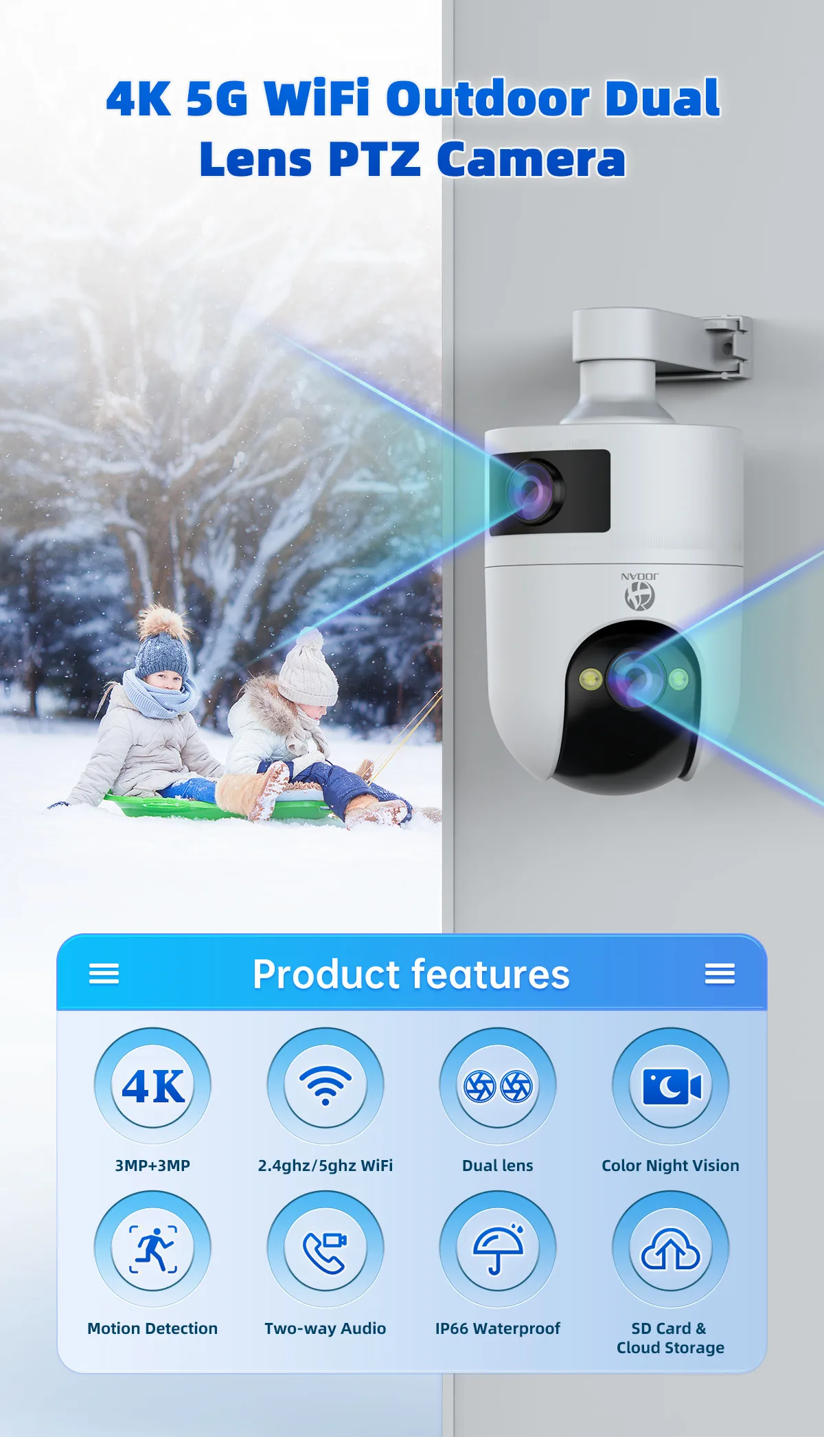 4K PTZ IP Camera Outdoor Waterproof Dual Lens 5G WiFi Security Camera Auto Tracking Video Surveillance Camera Baby Monitor