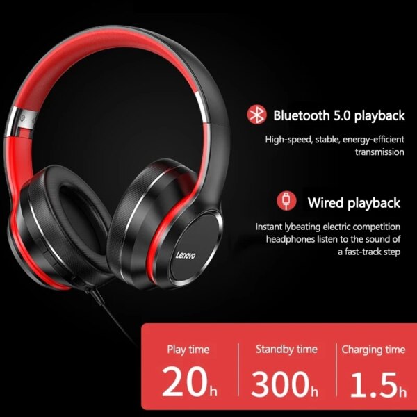 Lenovo HD200 Bluetooth Earphones Over-ear Foldable Computer Wireless Headphones Noise Cancellation HIFI Stereo Gaming Headset - Image 2