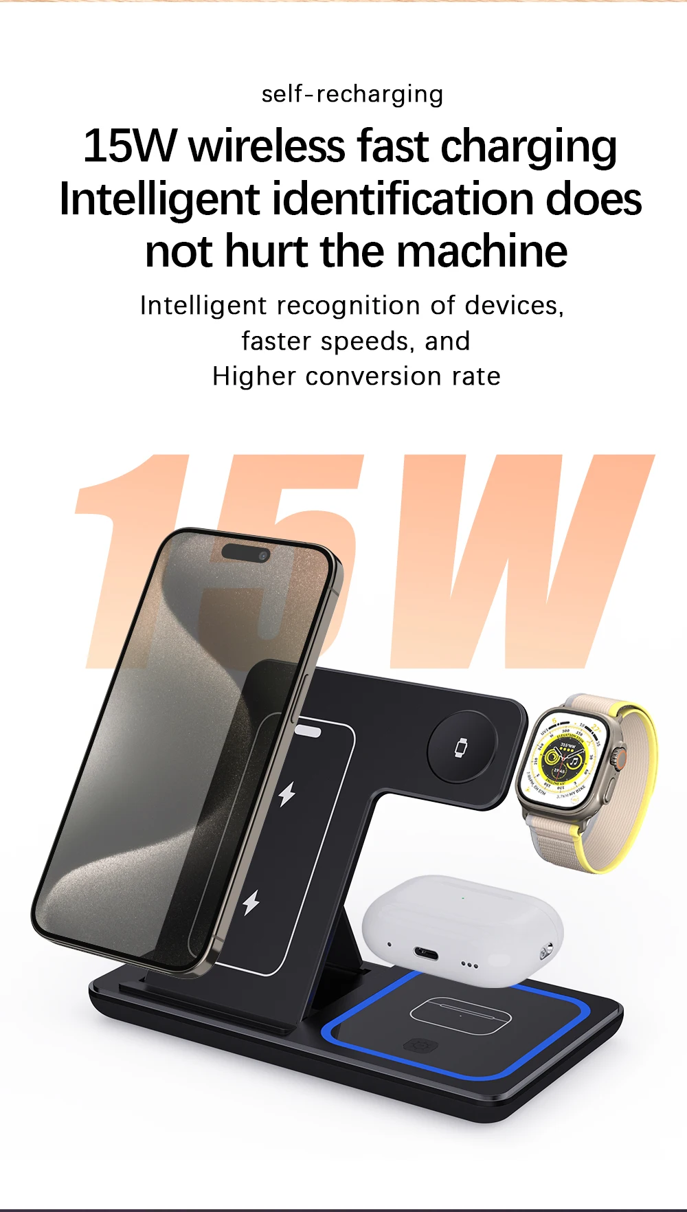 30W LED Fast Wireless Charger Stand 3 in 1 Foldable Charging Station For iPhone 15 14 13 12 11 Apple Watch 9 8 7 6 5 Airpods Pro