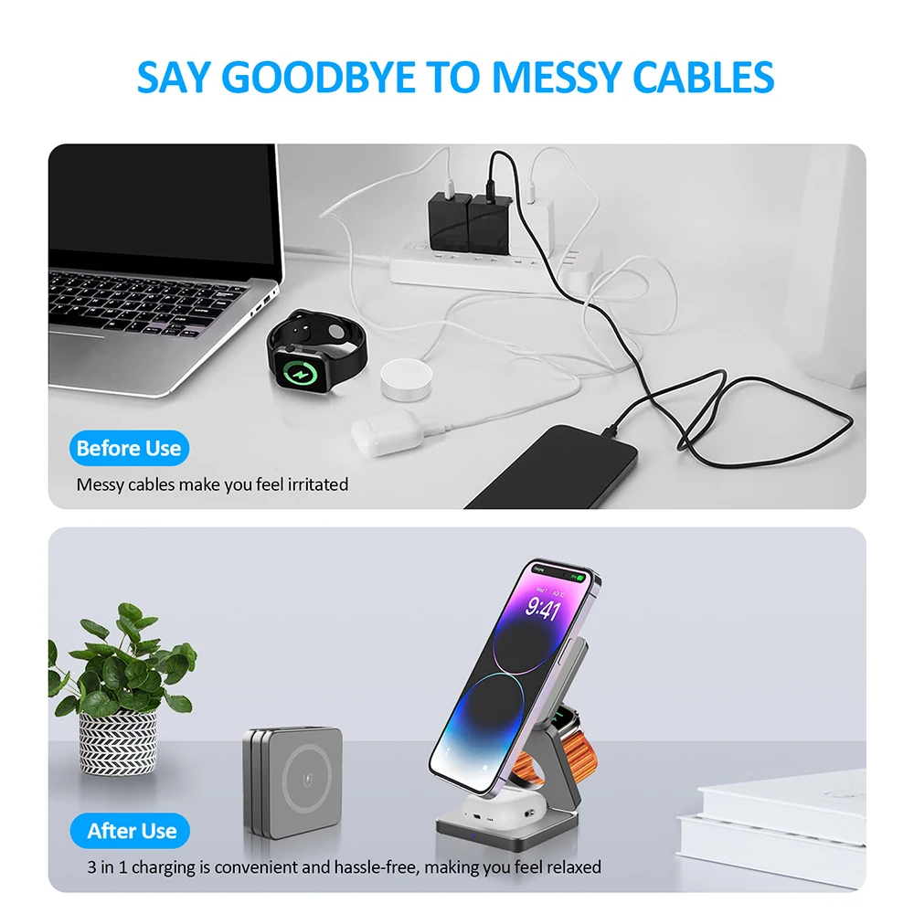 Wireless Charger 3 in 1 Foldable Magnetic Wireless Charging Station for iPhone 15 14 13 12 Pro Max Apple Watch 8 9 Charger