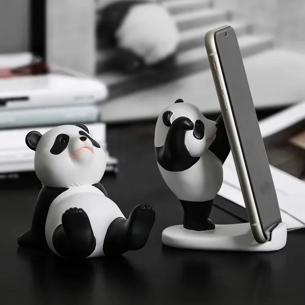 Panda Figurines For Interior Universal Cell Mobile Phone Stand Holder Modern Resin Sculpture Statue Home Office Desk Decor