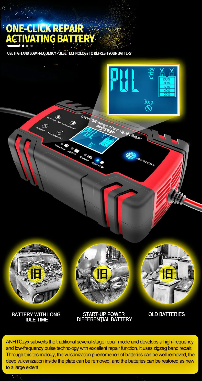 12-24V 6/8A Full Automatic Battery charger Digital LCD Display Car Battery Chargers Power Puls Repair Chargers Wet Dry Lead Acid