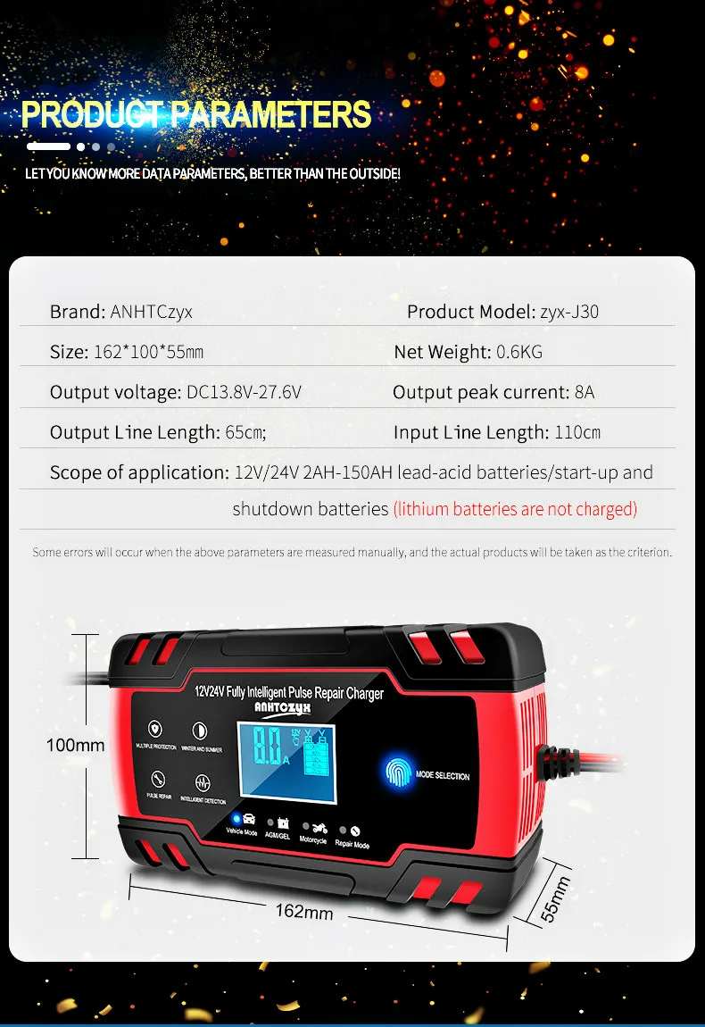 12-24V 6/8A Full Automatic Battery charger Digital LCD Display Car Battery Chargers Power Puls Repair Chargers Wet Dry Lead Acid