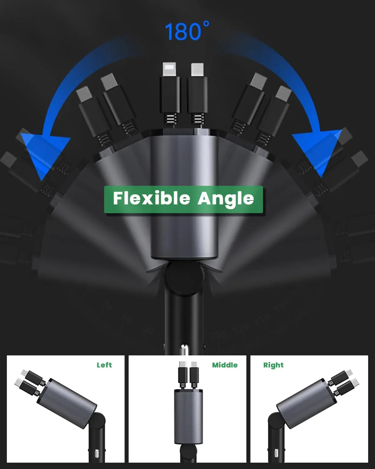 Retractable Car Charger, 4 in 1 Fast Charging Car Charger 120W, Retractable Cable and 2 USB Ports Car Charger Adapter Compatible