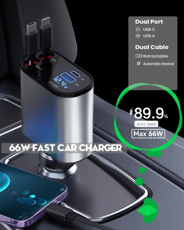 Retractable Car Charger, 4 in 1 Fast Charging Car Charger 120W, Retractable Cable and 2 USB Ports Car Charger Adapter Compatible - Image 5