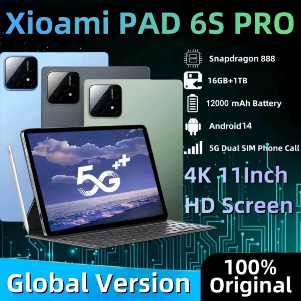 2024 Global Version Original Android 14 Pad 6S Pro Tablets 11inch HD 4K 16GB+1T 12000mAh 5G Dual SIM Bluetooth WiFi Mi Tablet