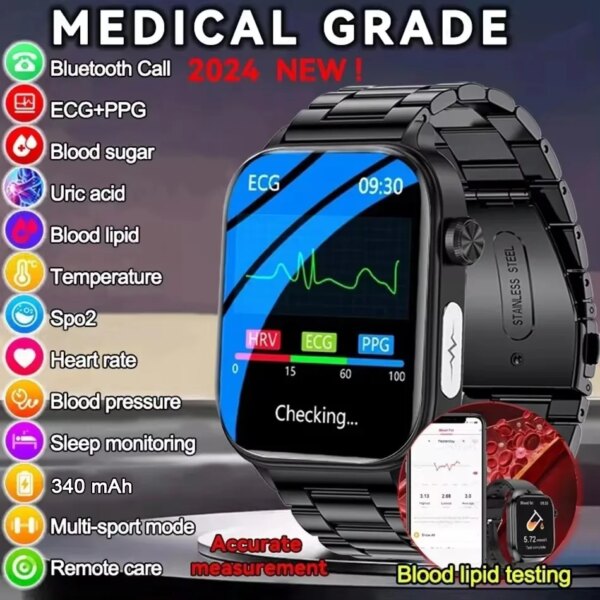 2024 New For Xiaomi Uric Acid Blood Fat Smart Watch Men Blood Sugar ECG+PPG Blood Pressure Bluetooth Call Sports Health Watches