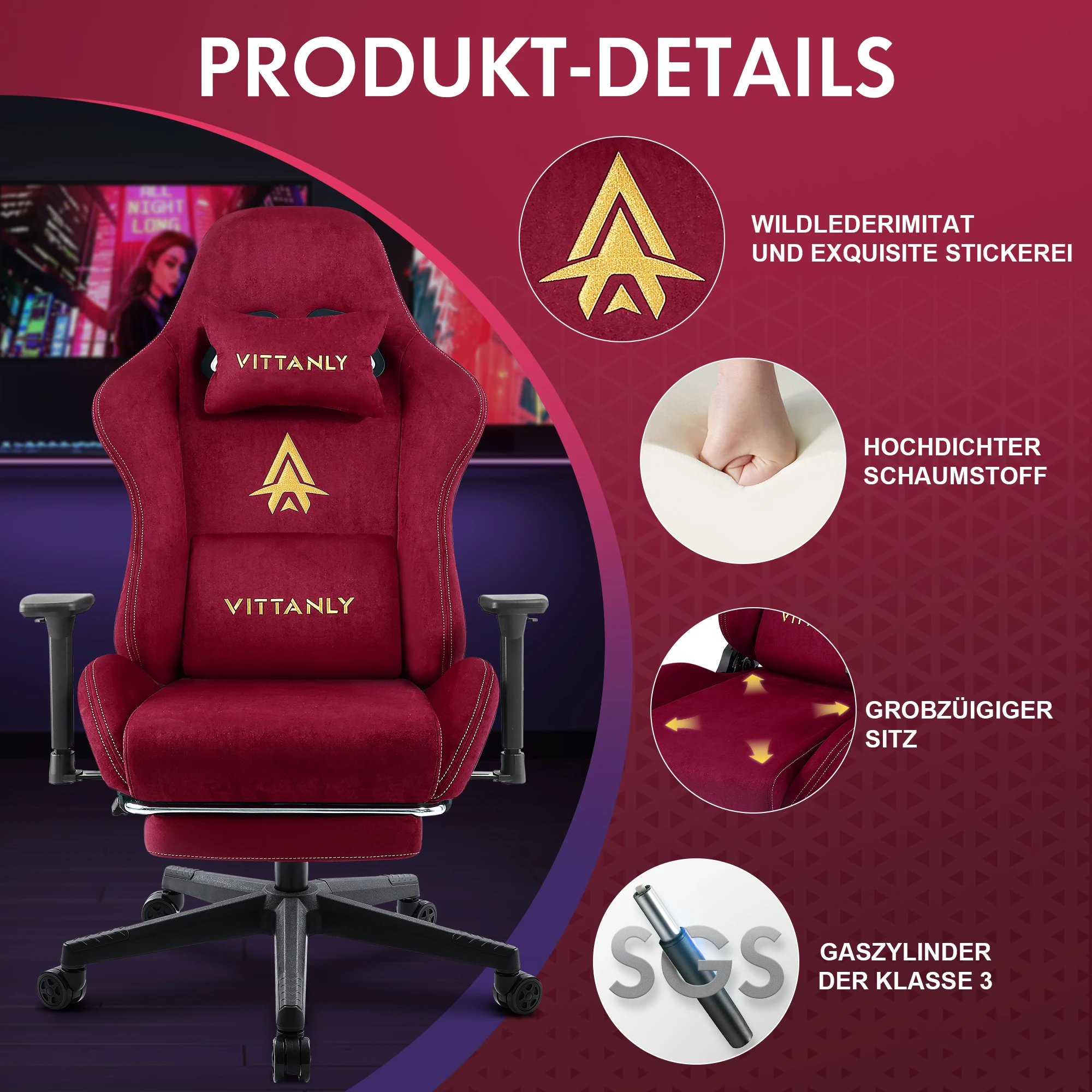 Ergonomic Red Gaming chair for Adults Indoor PC Computer Chair Racing Office Chair Suede Leather Height Adjustable Swivel Chair