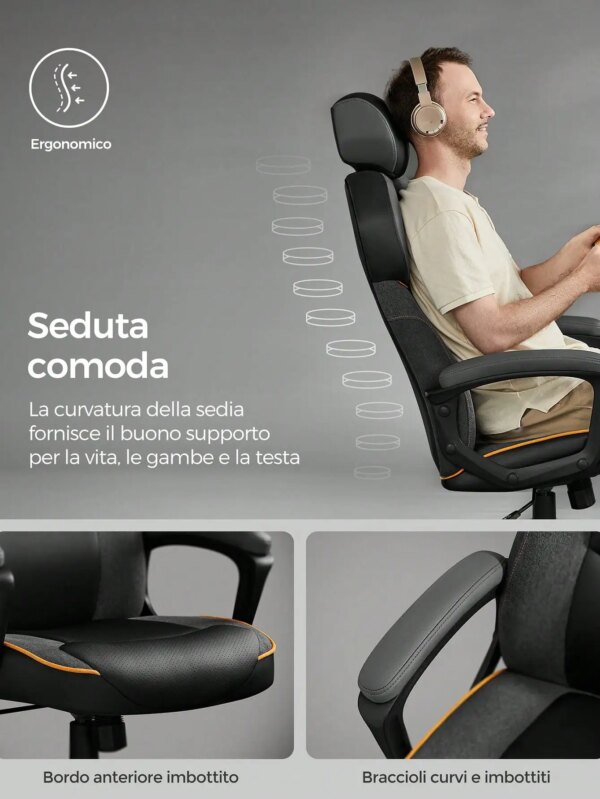 SONGMICS Office/Gaming Chair: Adjustable Height, PU & Cotton/Linen Fabric, Headrest, Reclining Backrest. 150 kg Load. - Image 3