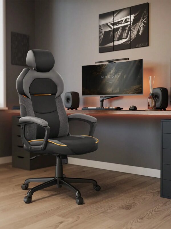 SONGMICS Office/Gaming Chair: Adjustable Height, PU & Cotton/Linen Fabric, Headrest, Reclining Backrest. 150 kg Load.