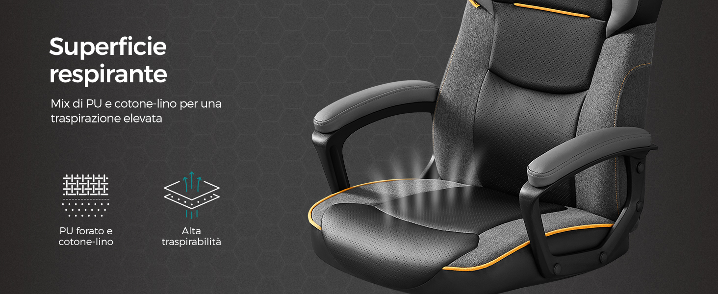 SONGMICS Office/Gaming Chair: Adjustable Height, PU & Cotton/Linen Fabric, Headrest, Reclining Backrest. 150 kg Load.