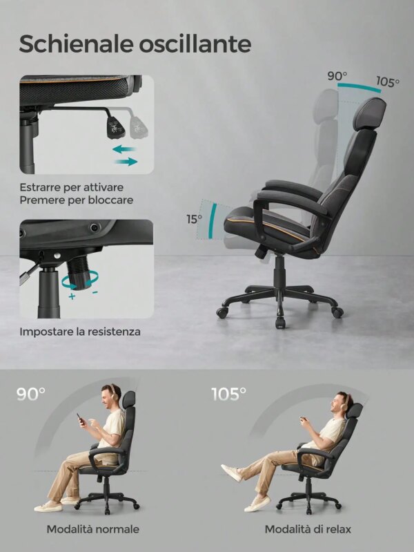 SONGMICS Office/Gaming Chair: Adjustable Height, PU & Cotton/Linen Fabric, Headrest, Reclining Backrest. 150 kg Load. - Image 6