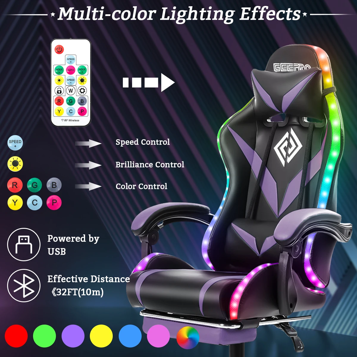 Gaming Chair with PVC Leather LED Light Massage Swivel Ergonomic Reclining Office Chair Height Adjustable Headrest Lumbar Suppor