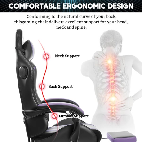 Gaming Chair with PVC Leather LED Light Massage Swivel Ergonomic Reclining Office Chair Height Adjustable Headrest Lumbar Suppor - Image 6