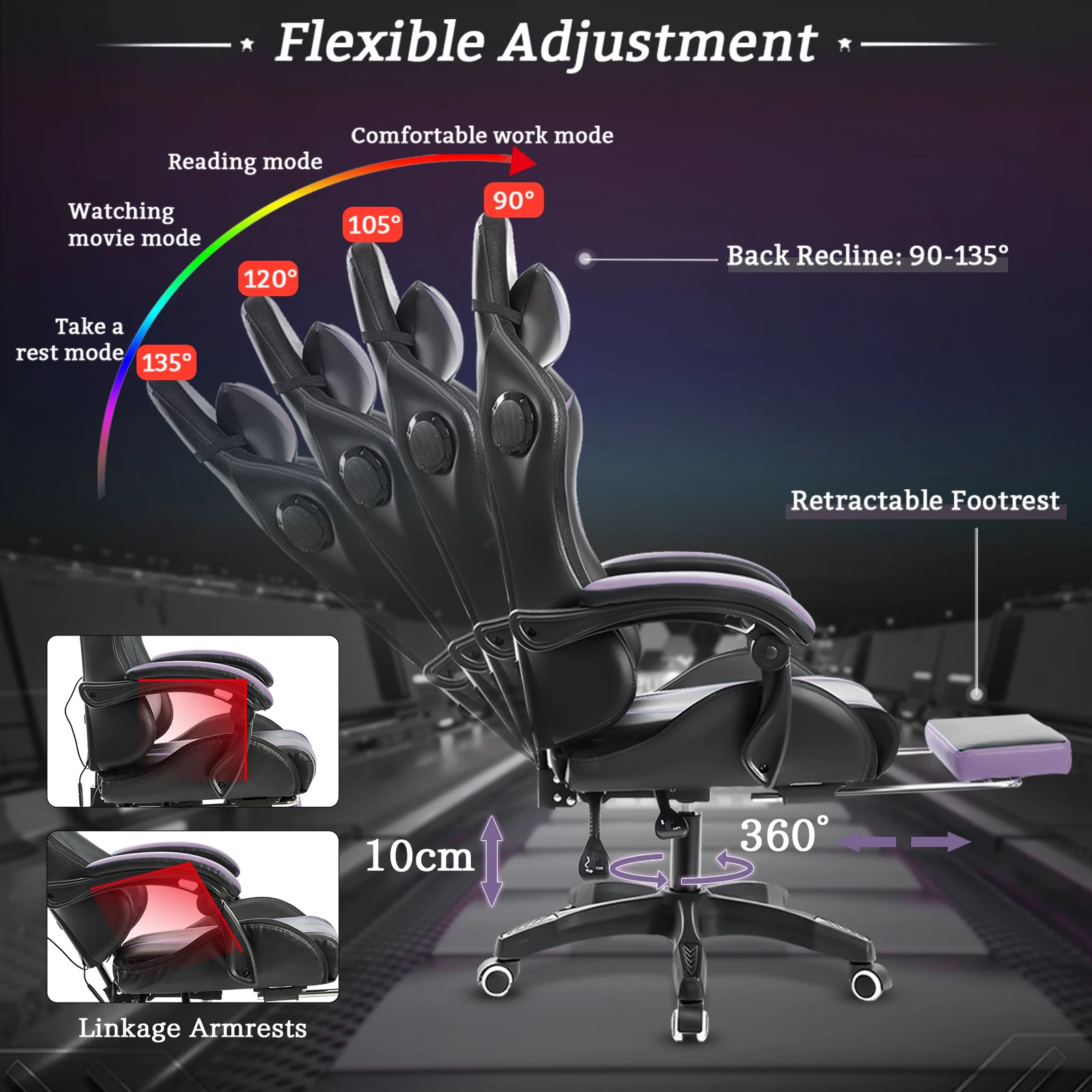 Gaming Chair with PVC Leather LED Light Massage Swivel Ergonomic Reclining Office Chair Height Adjustable Headrest Lumbar Suppor