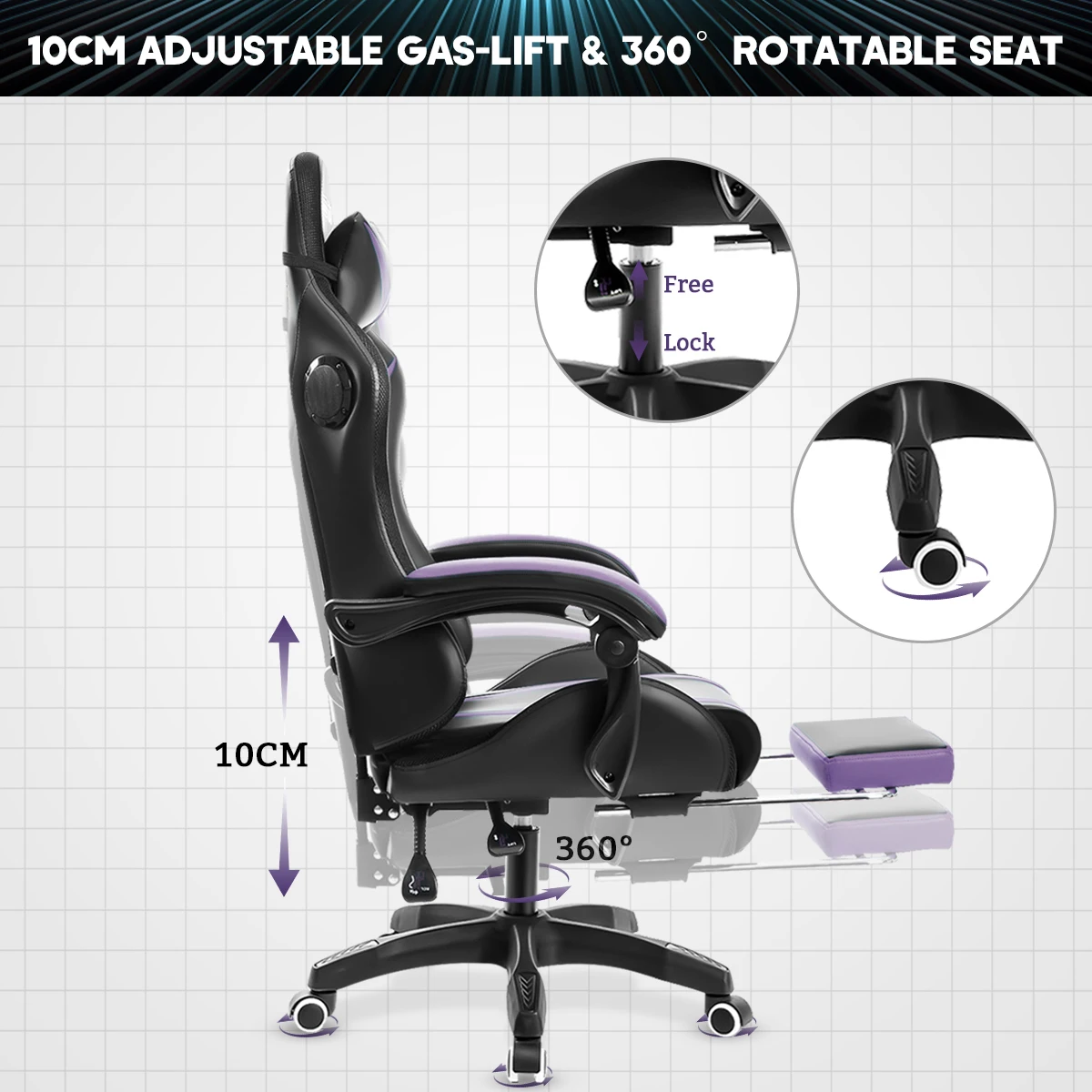 Gaming Chair with PVC Leather LED Light Massage Swivel Ergonomic Reclining Office Chair Height Adjustable Headrest Lumbar Suppor