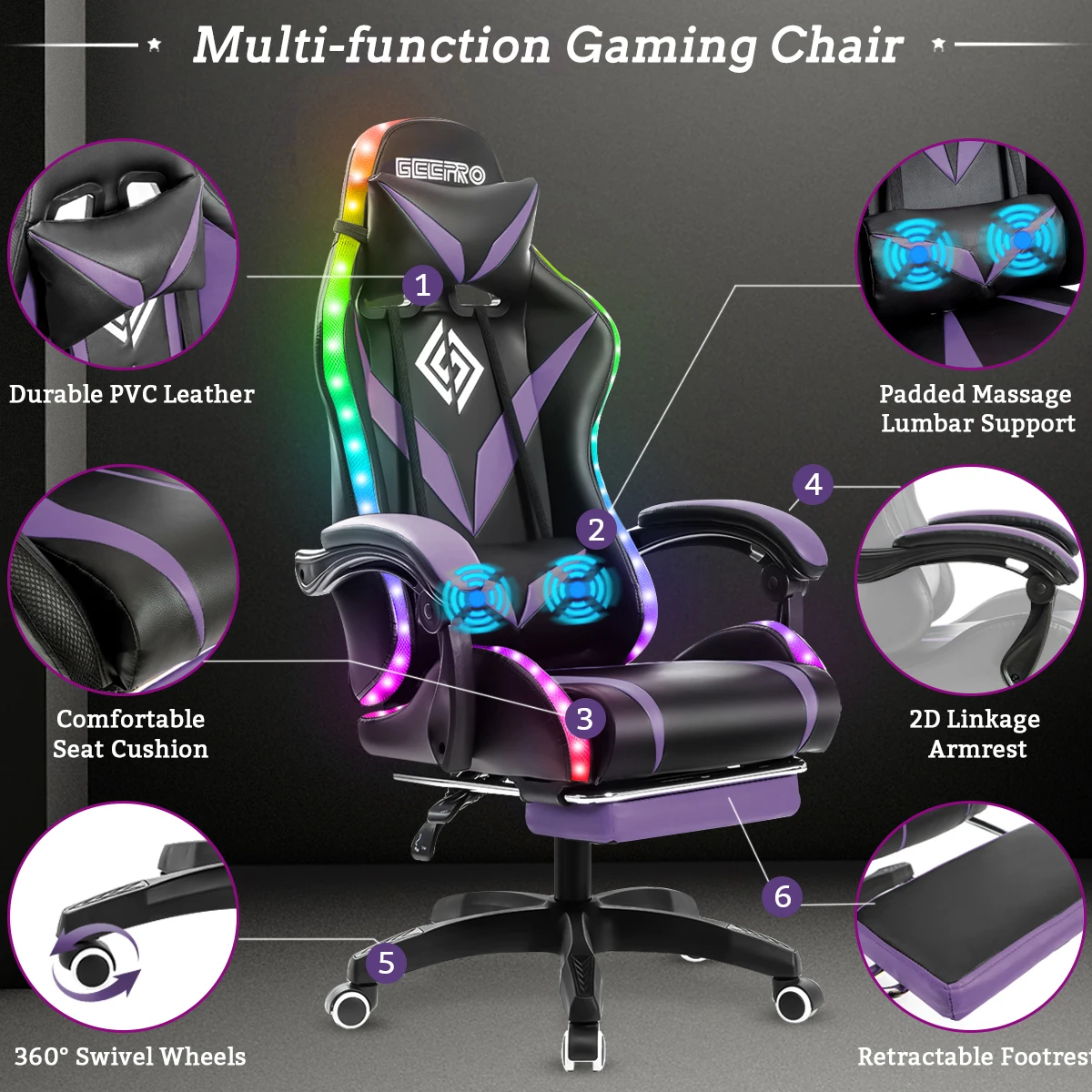 Gaming Chair with PVC Leather LED Light Massage Swivel Ergonomic Reclining Office Chair Height Adjustable Headrest Lumbar Suppor