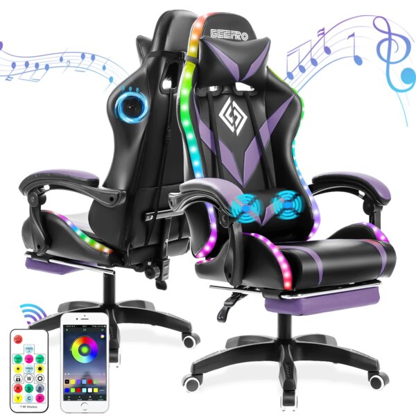 Gaming Chair with PVC Leather LED Light Massage Swivel Ergonomic Reclining Office Chair Height Adjustable Headrest Lumbar Suppor